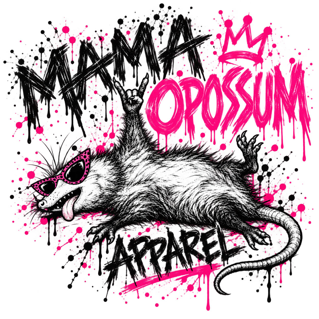 Mama Opossum Apparel scratched black and pink logo with reclining opossum wearing leopard sunglasses